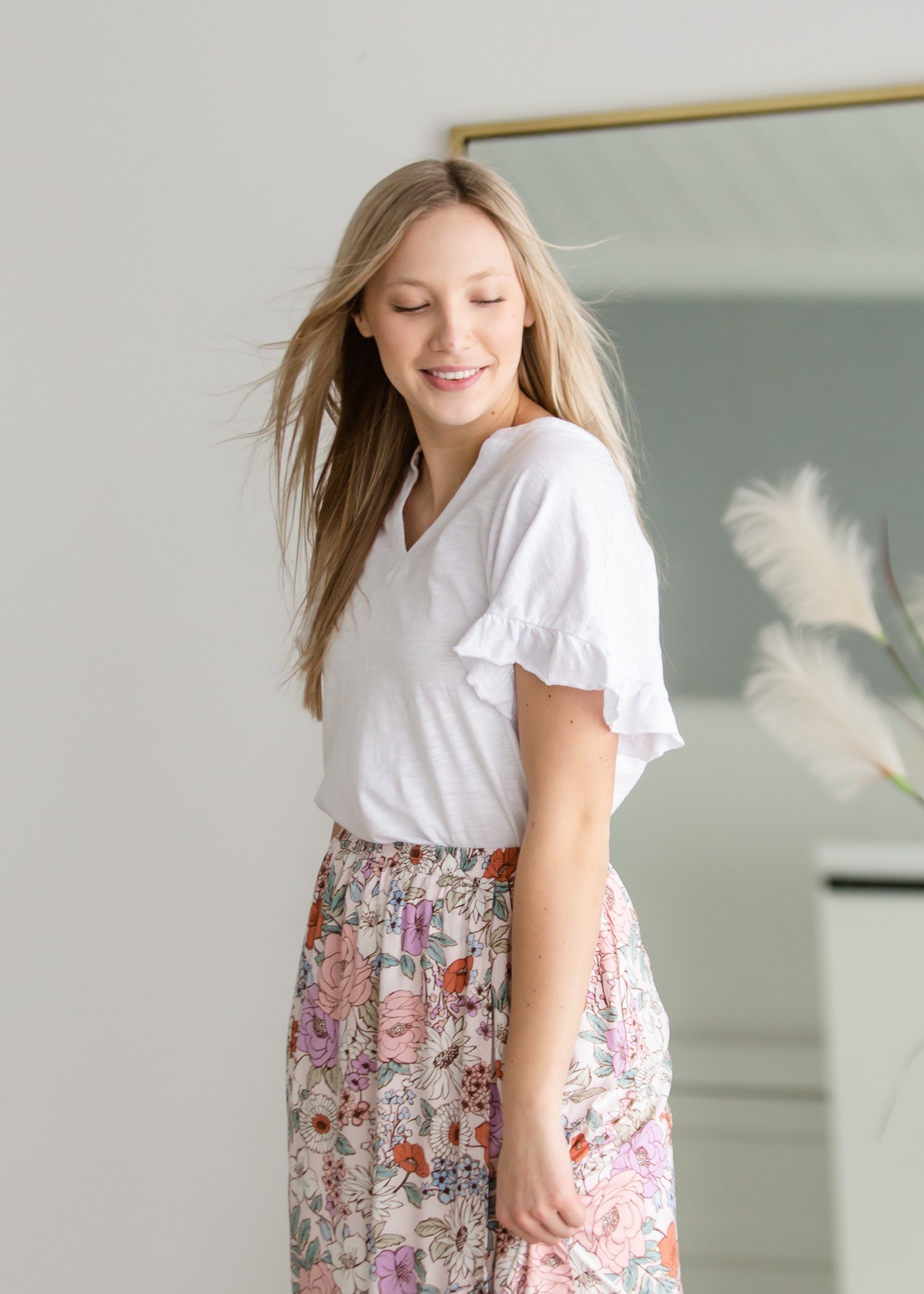 Floral Print Midi Skirt with Ruffle Detail Skirts & Merci