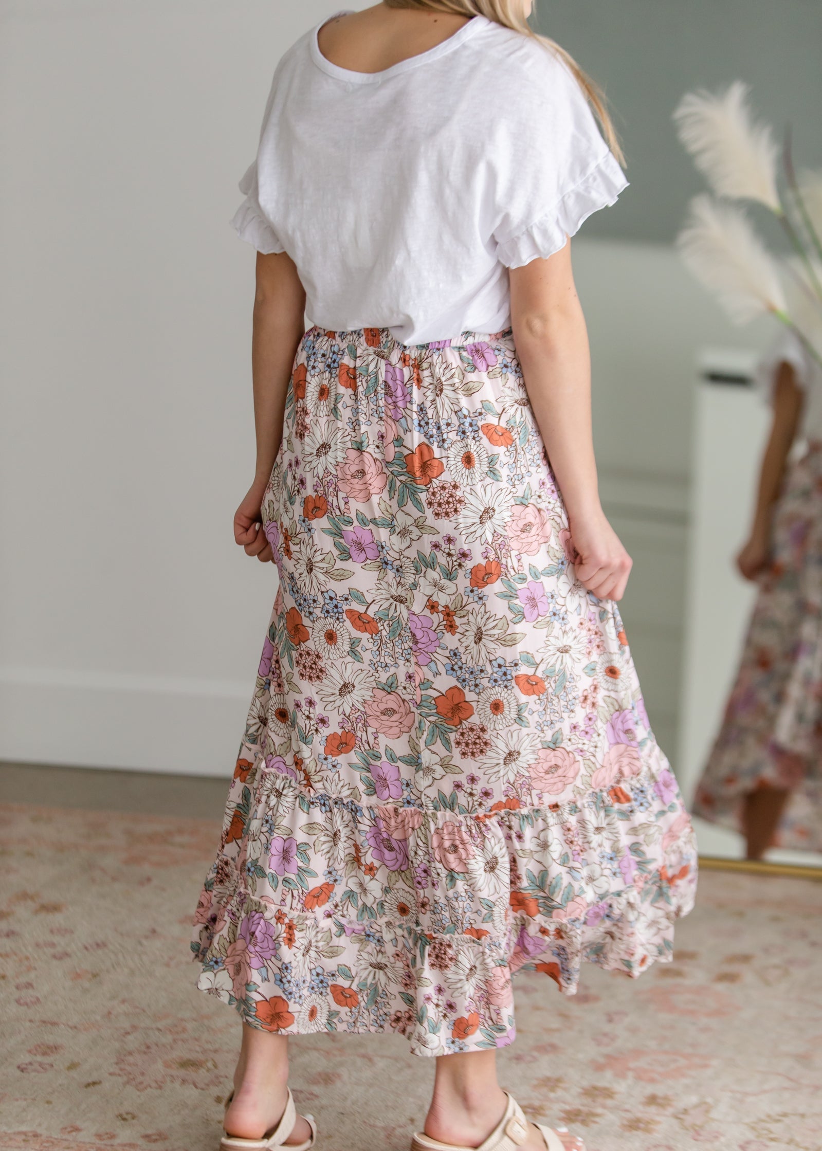Floral Print Midi Skirt with Ruffle Detail Skirts & Merci