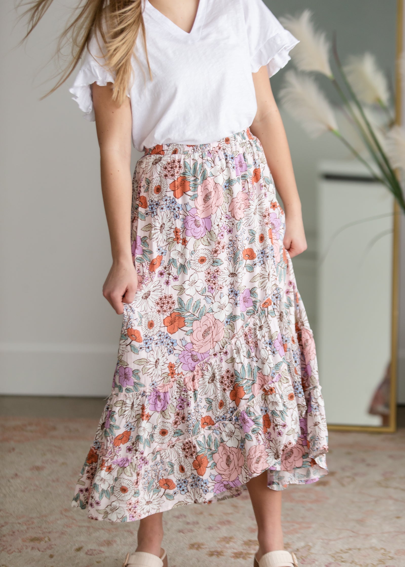 Floral Print Midi Skirt with Ruffle Detail Skirts & Merci