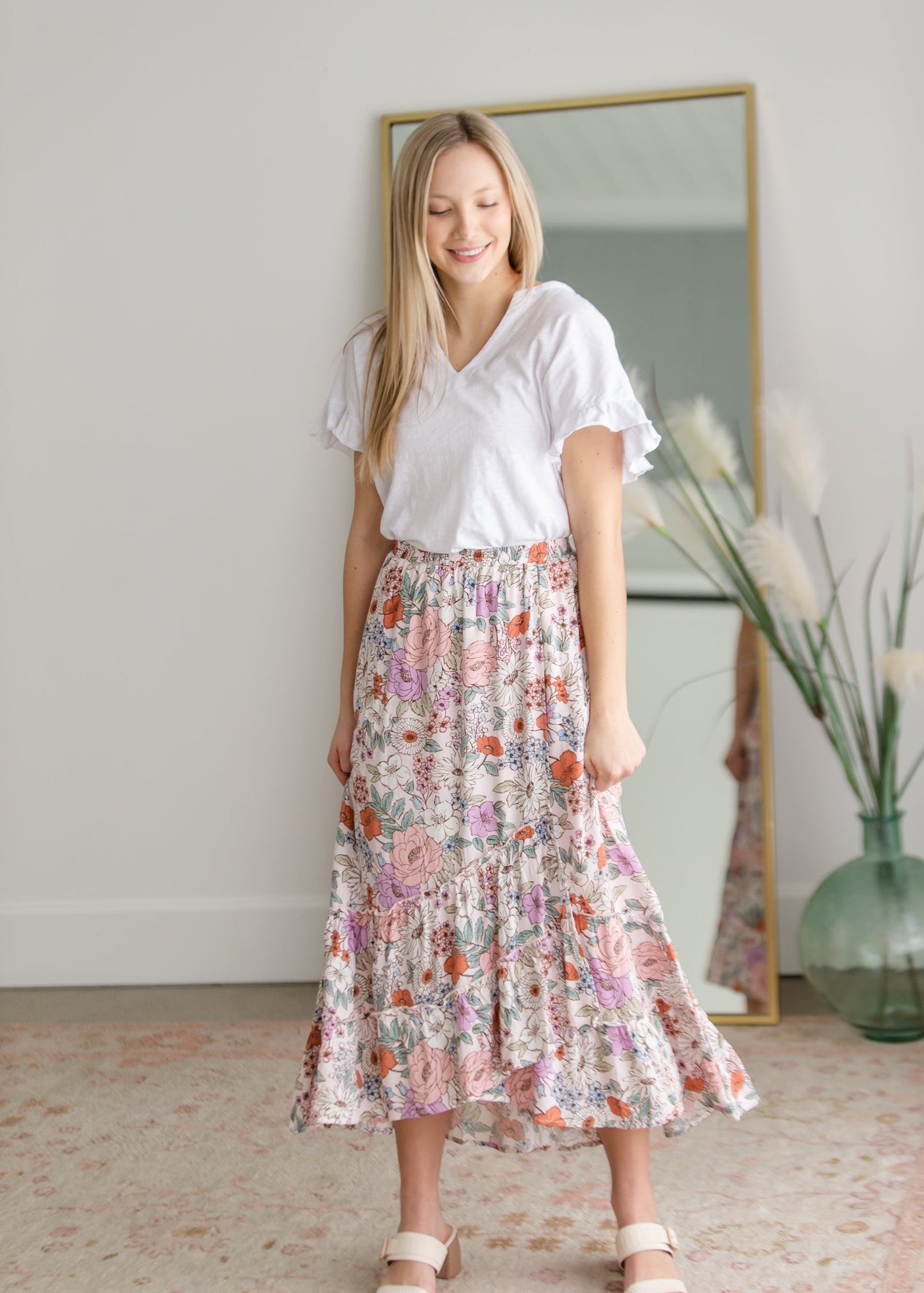 Floral Print Midi Skirt with Ruffle Detail Skirts & Merci