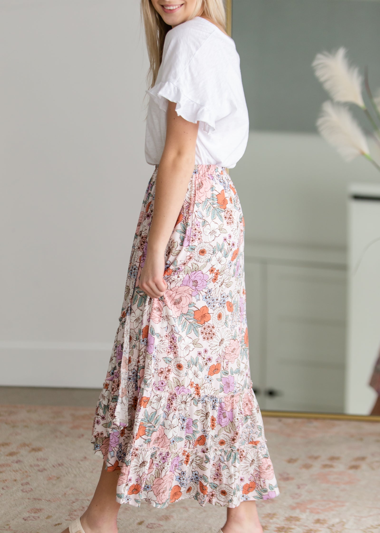 Floral Print Midi Skirt with Ruffle Detail Skirts & Merci