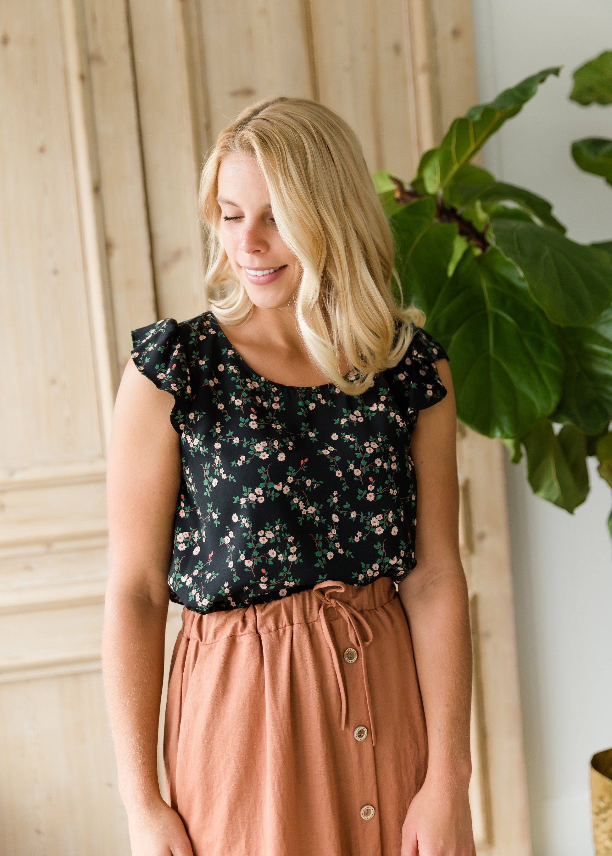 Floral Print Ruffle Sleeve Top - FINAL SALE Tops