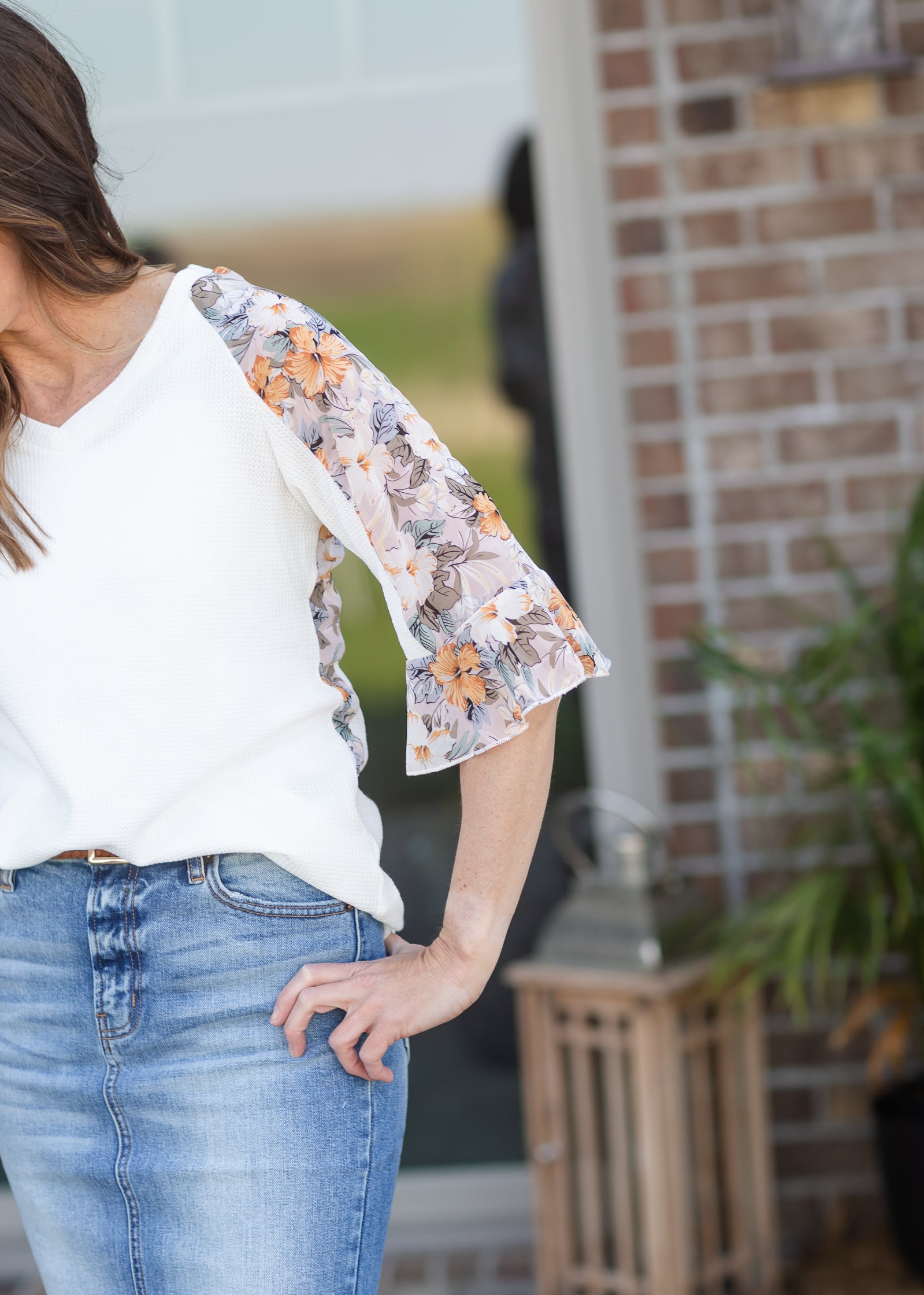 Floral Ruffle Sleeve Ivory Blouse - FINAL SALE Tops
