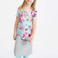 pink and purple florals on a blue girls tee shirt with a rose gold sequin pocket
