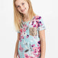 pink and purple florals on a blue girls tee shirt with a rose gold sequin pocket