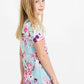 pink and purple florals on a blue girls tee shirt with a rose gold sequin pocket