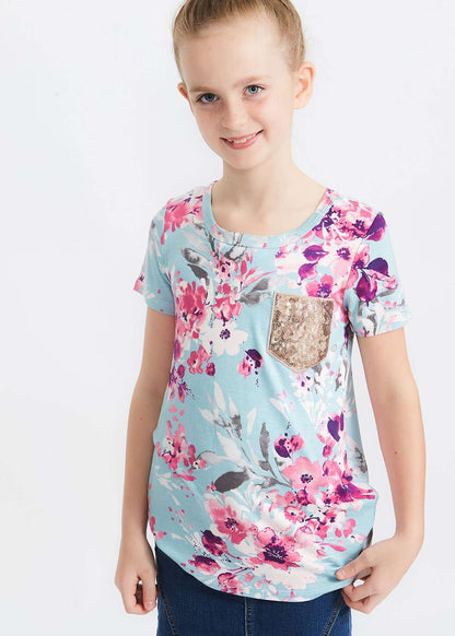 pink and purple florals on a blue girls tee shirt with a rose gold sequin pocket