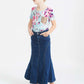 pink and purple florals on a blue girls tee shirt with a rose gold sequin pocket