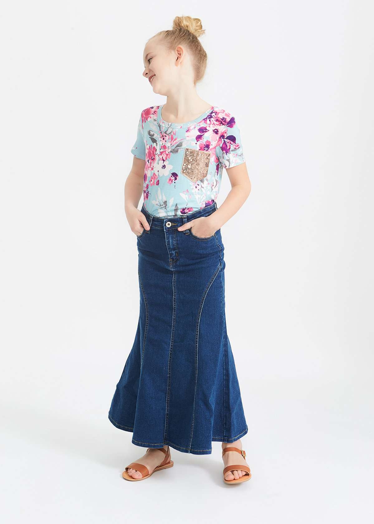 pink and purple florals on a blue girls tee shirt with a rose gold sequin pocket