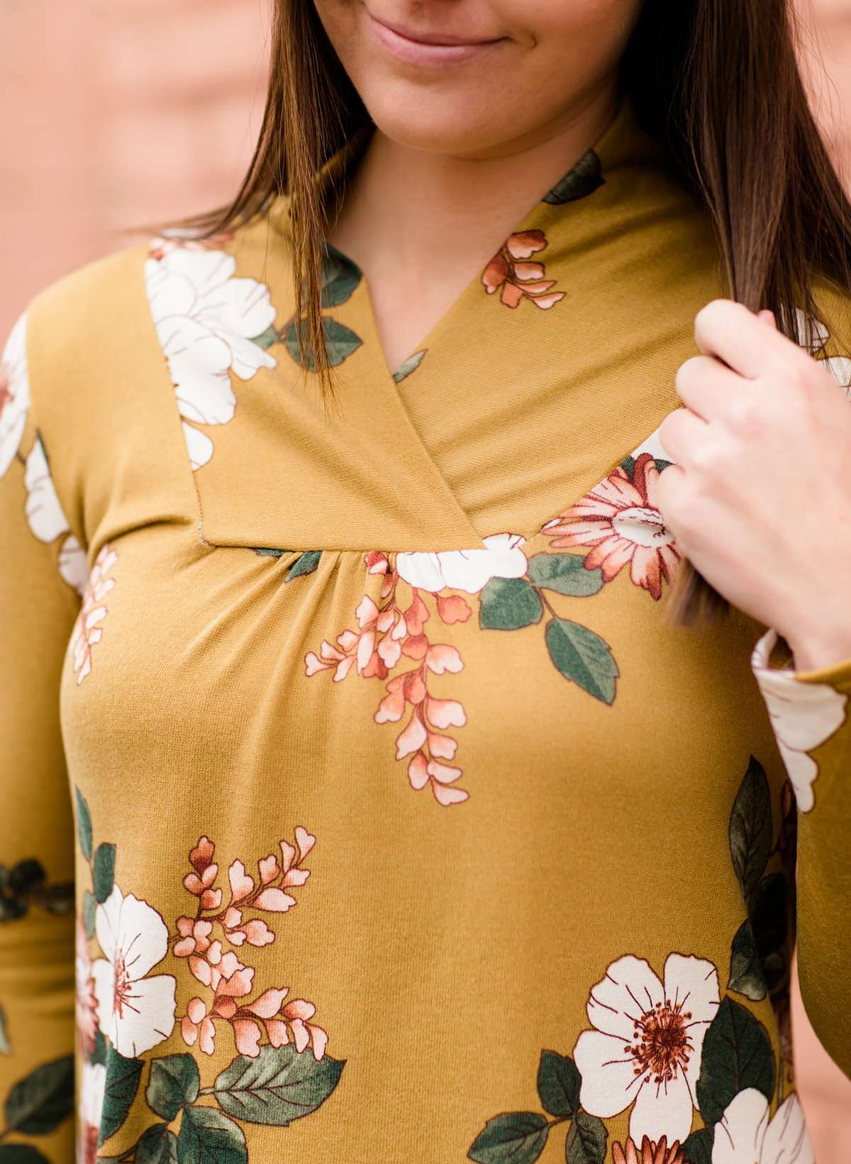 Women's Modest Maternity Mustard and Floral Sweater