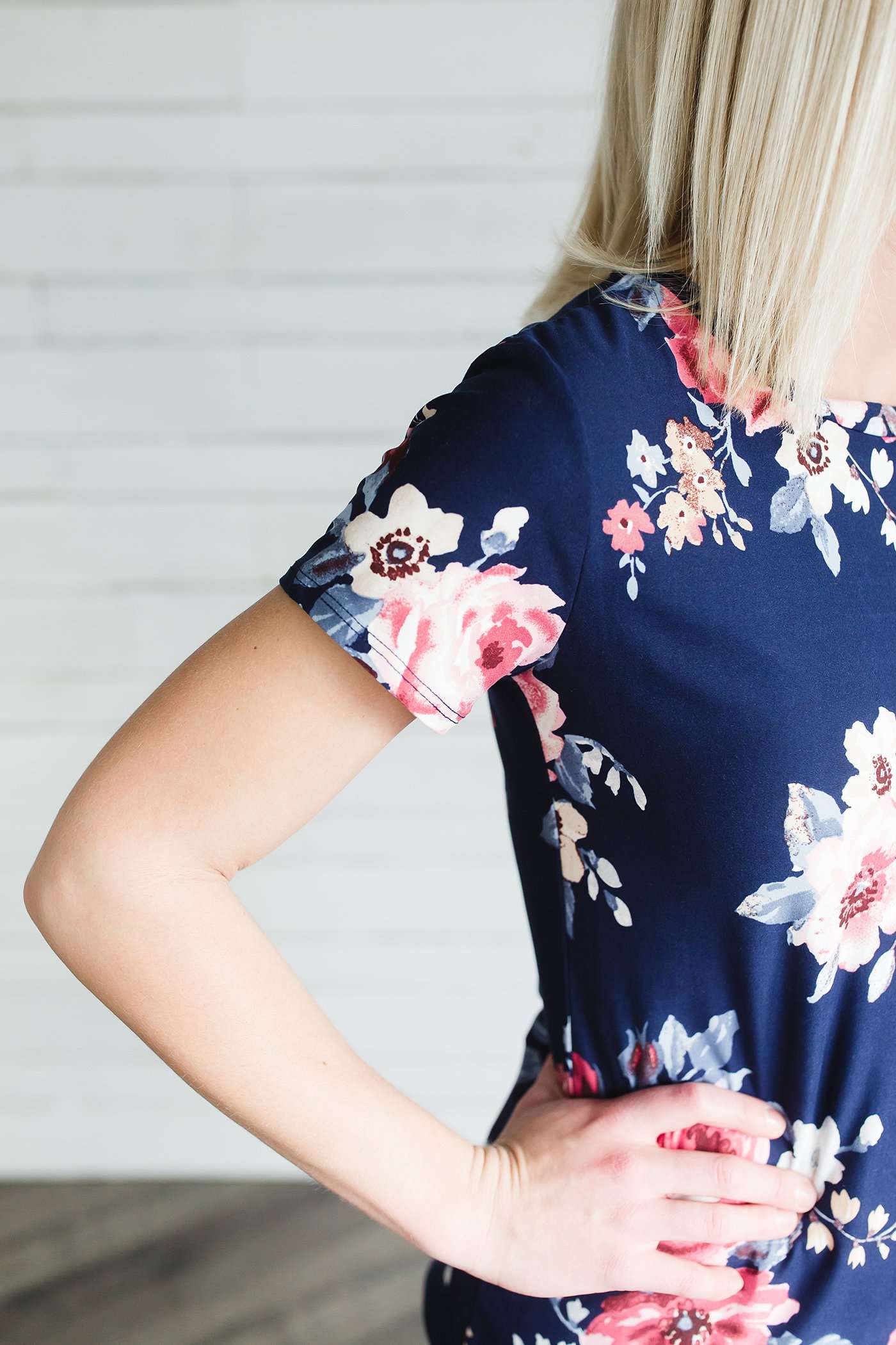 Blush, Ivory, Navy or Mauve Floral print options in this modest short sleeve tee.