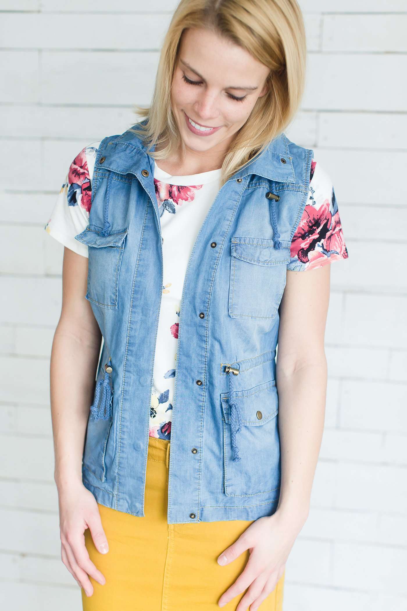 Blush, Ivory, Navy or Mauve Floral print options in this modest short sleeve tee.