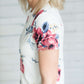 Blush, Ivory, Navy or Mauve Floral print options in this modest short sleeve tee.