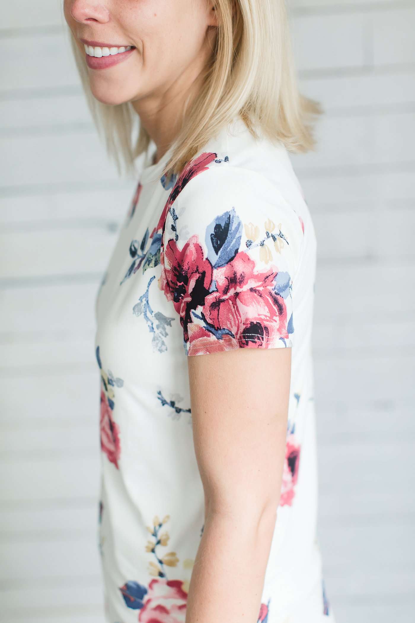 Blush, Ivory, Navy or Mauve Floral print options in this modest short sleeve tee.