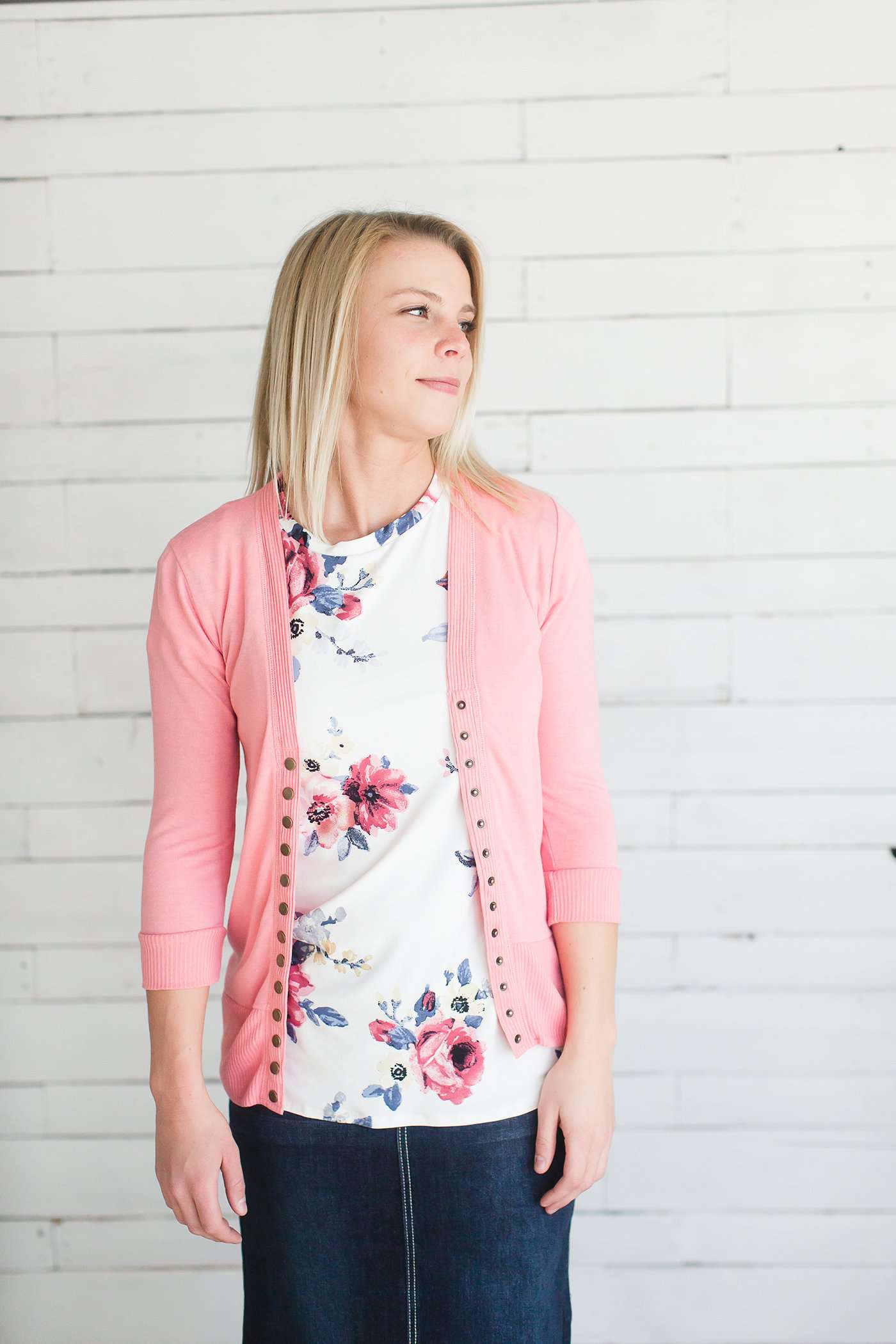 Blush, Ivory, Navy or Mauve Floral print options in this modest short sleeve tee.