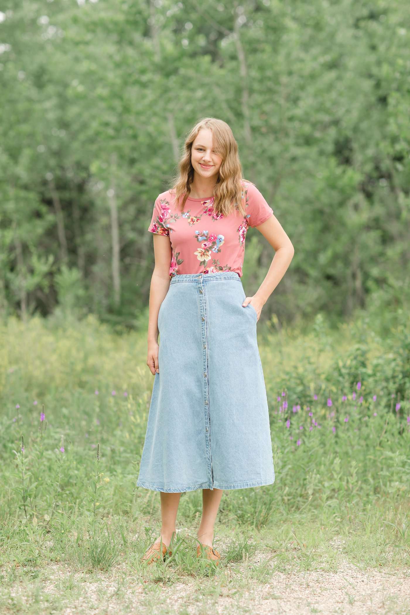 Blush, Ivory, Navy or Mauve Floral print options in this modest short sleeve tee.