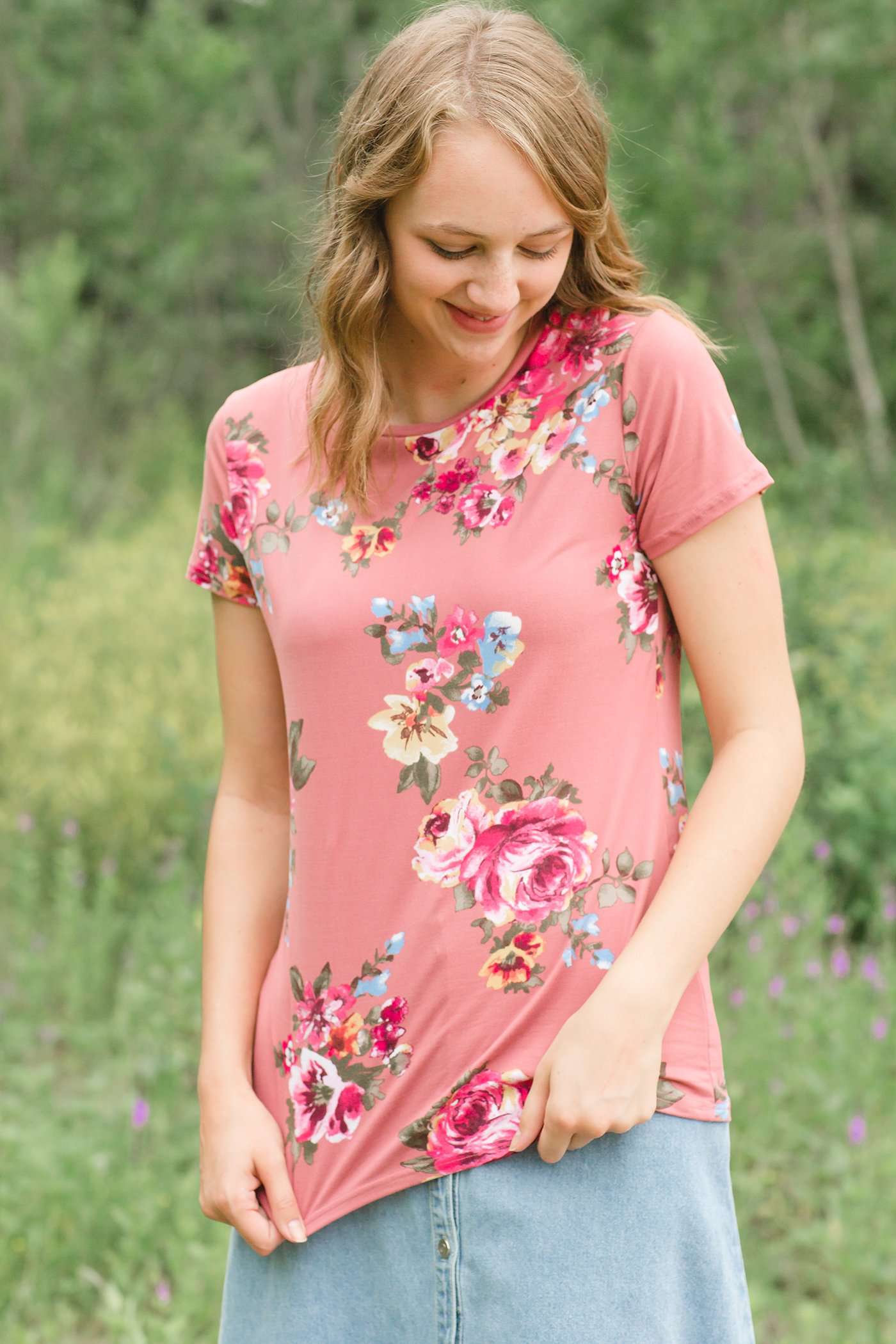 Blush, Ivory, Navy or Mauve Floral print options in this modest short sleeve tee.