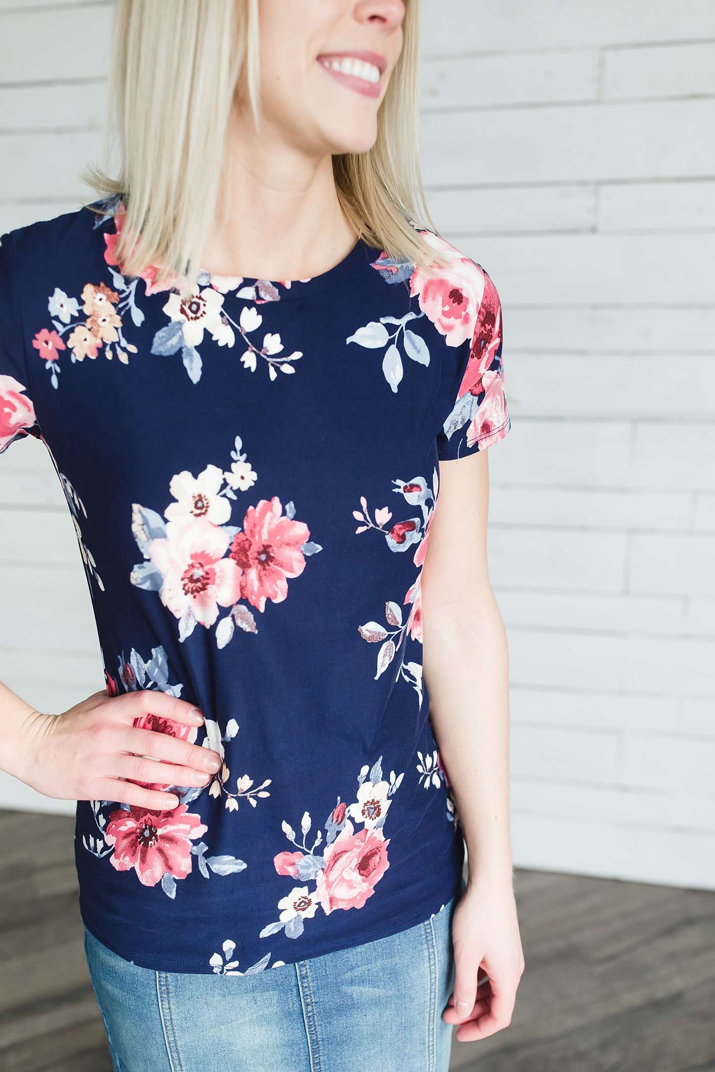 Blush, Ivory, Navy or Mauve Floral print options in this modest short sleeve tee.