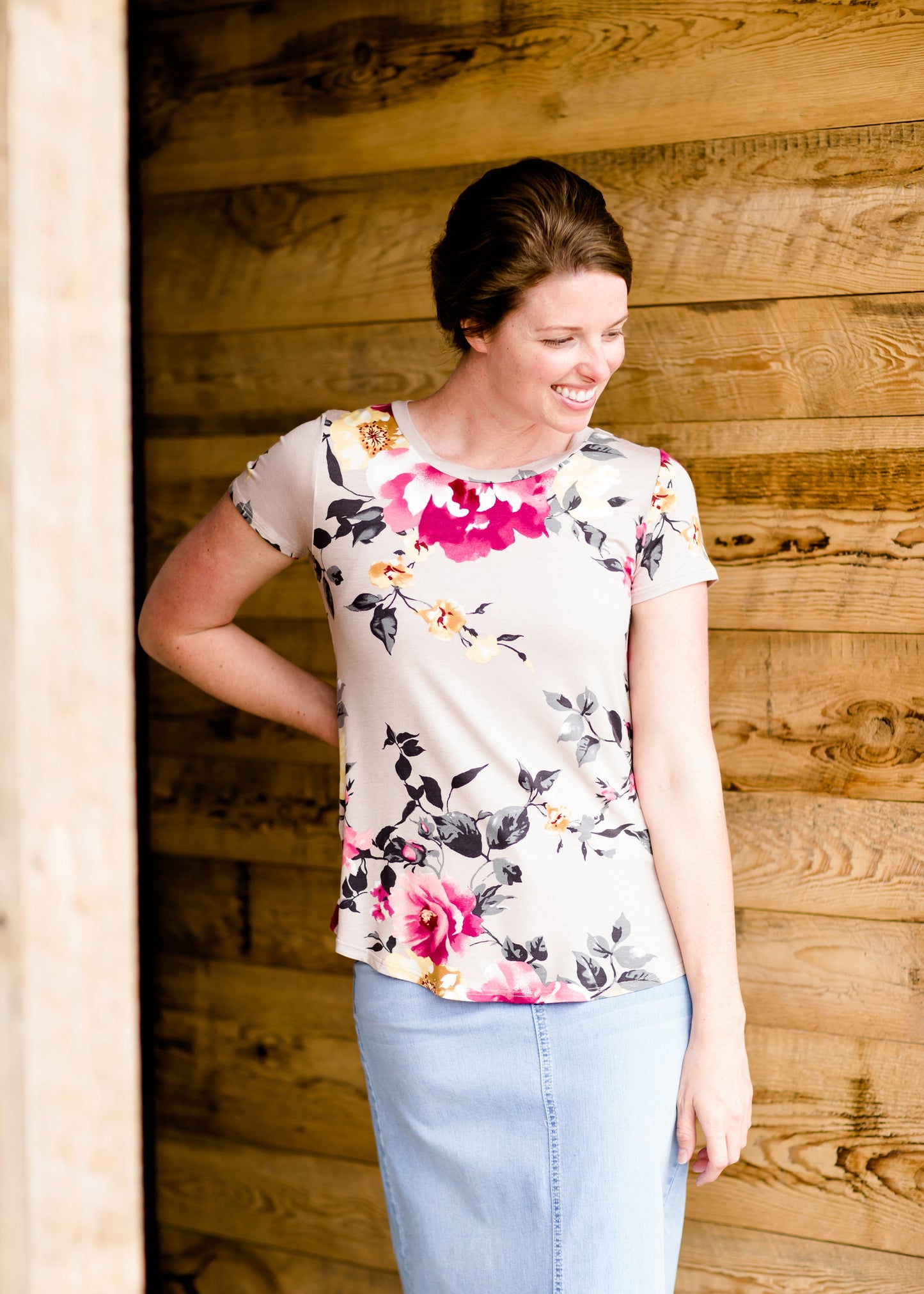 women's mauve tee with pink and yellow floral 