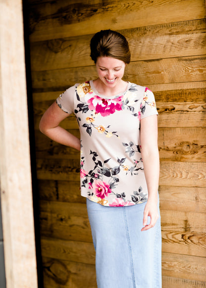 women's mauve tee with pink and yellow floral 