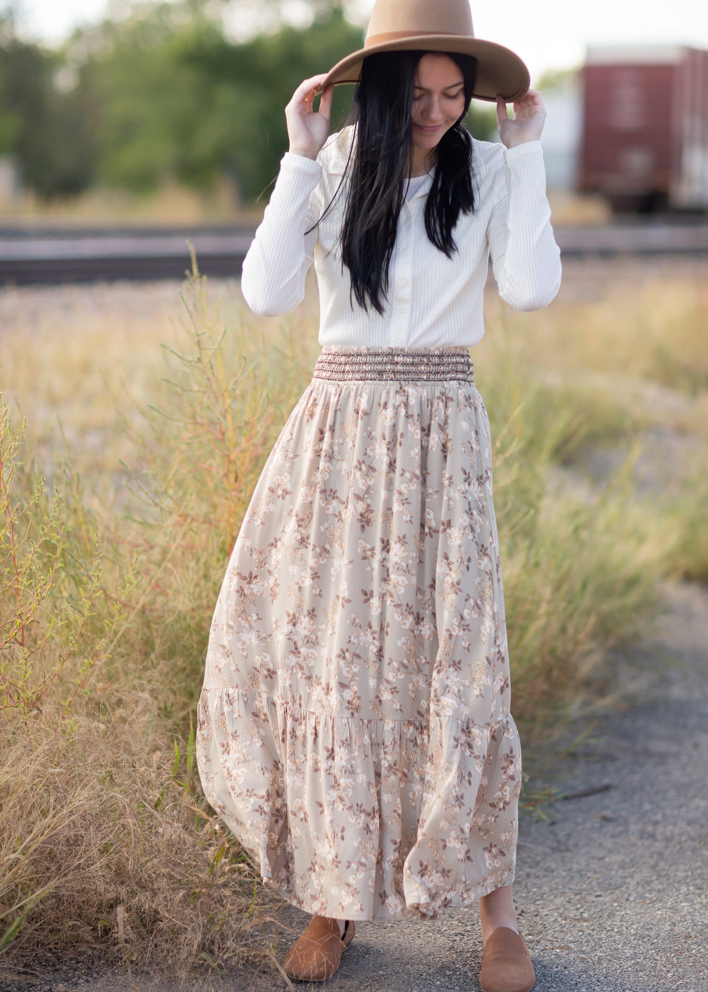 Floral Stretched Waist Midi Skirt Skirts