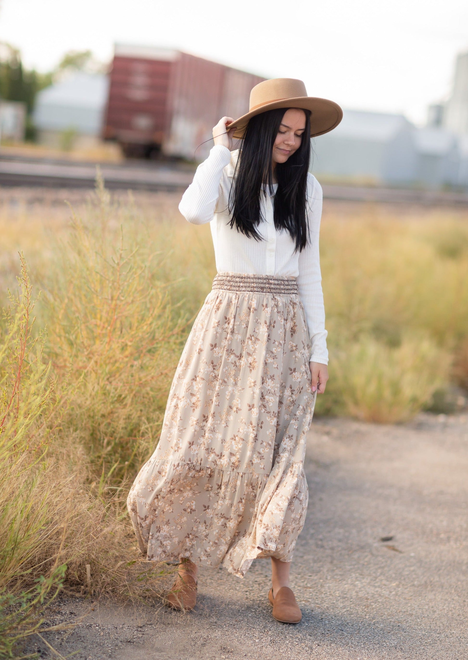 Floral Stretched Waist Midi Skirt Skirts
