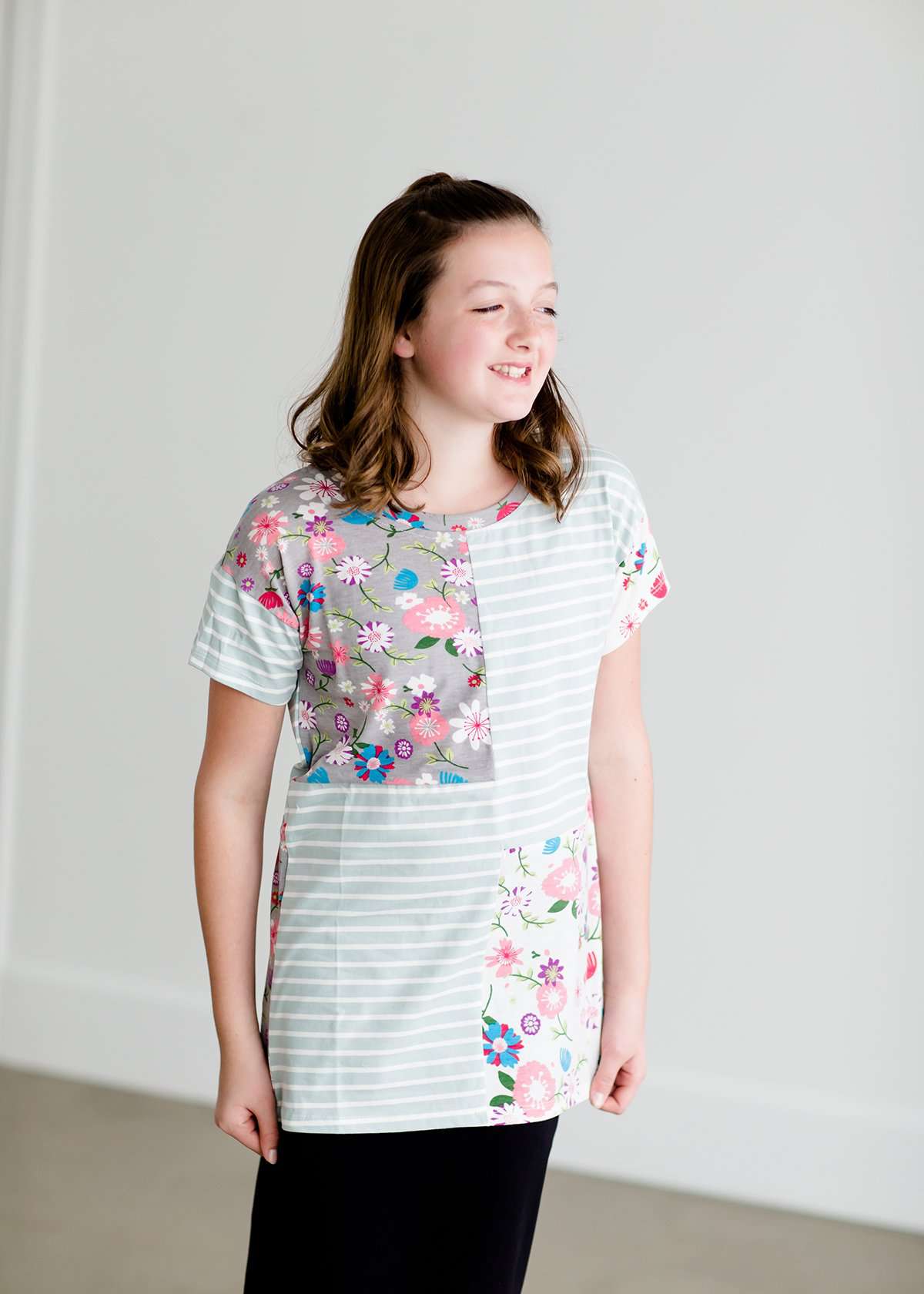 Girls mint and floral stripe modest tee shirt