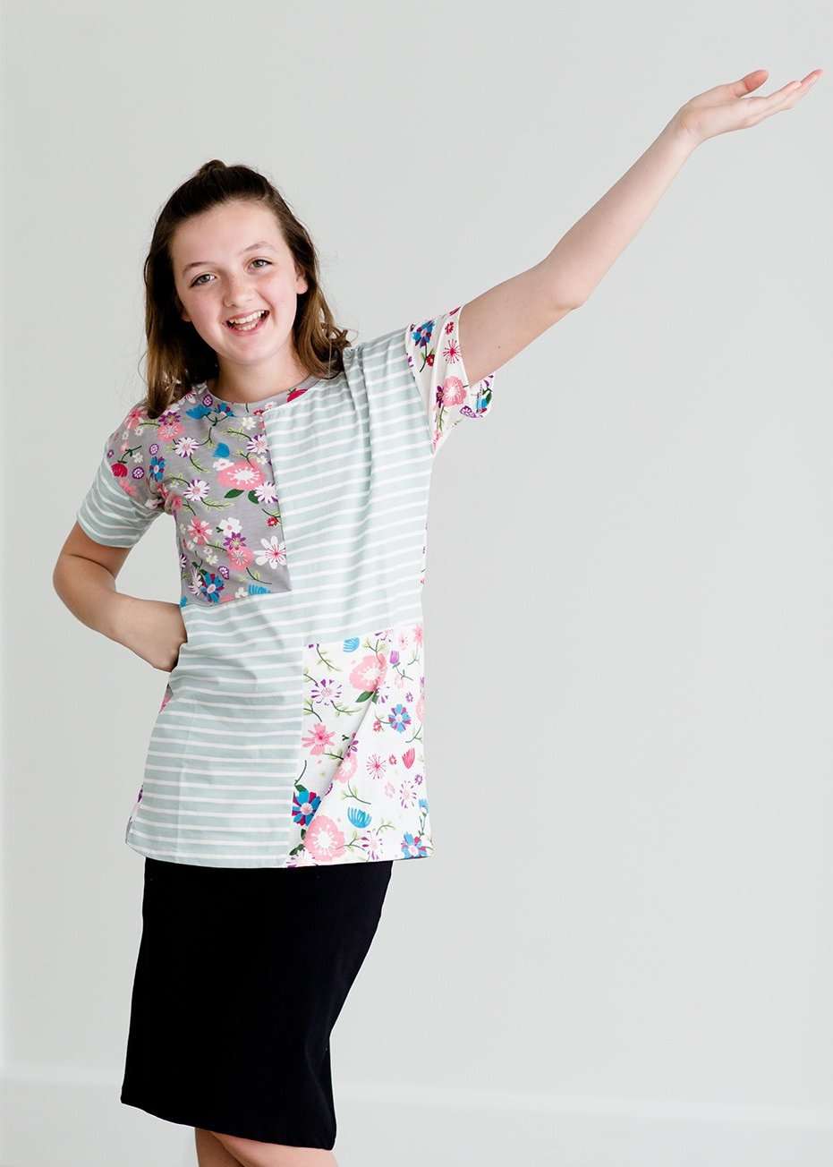 Girls mint and floral stripe modest tee shirt