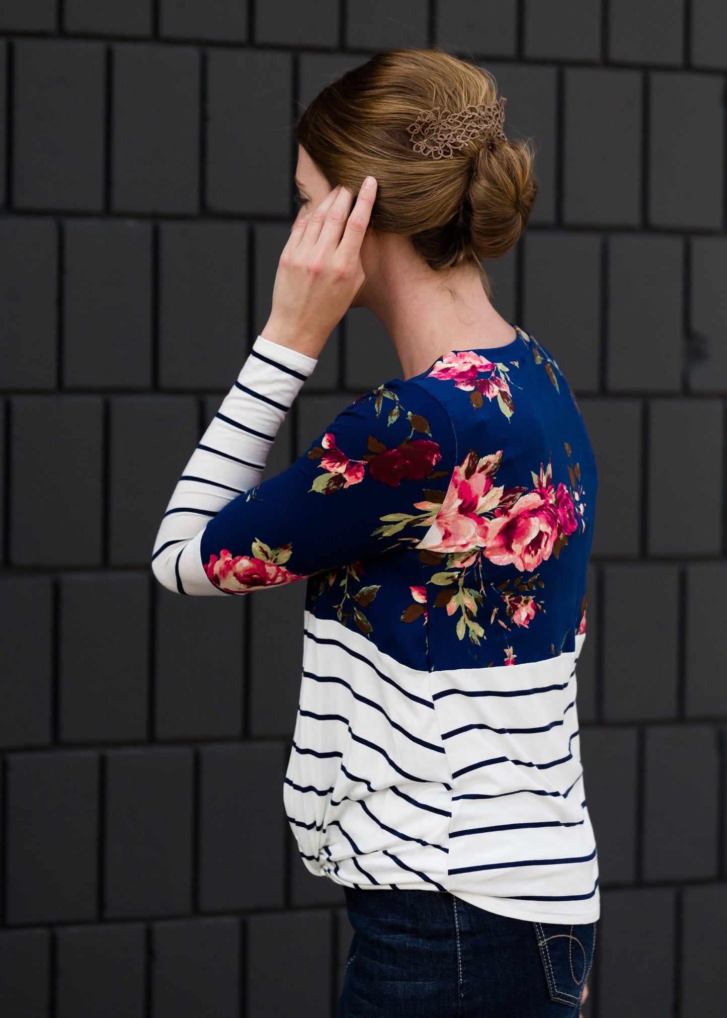 Floral Stripe Front Knot Top Tops