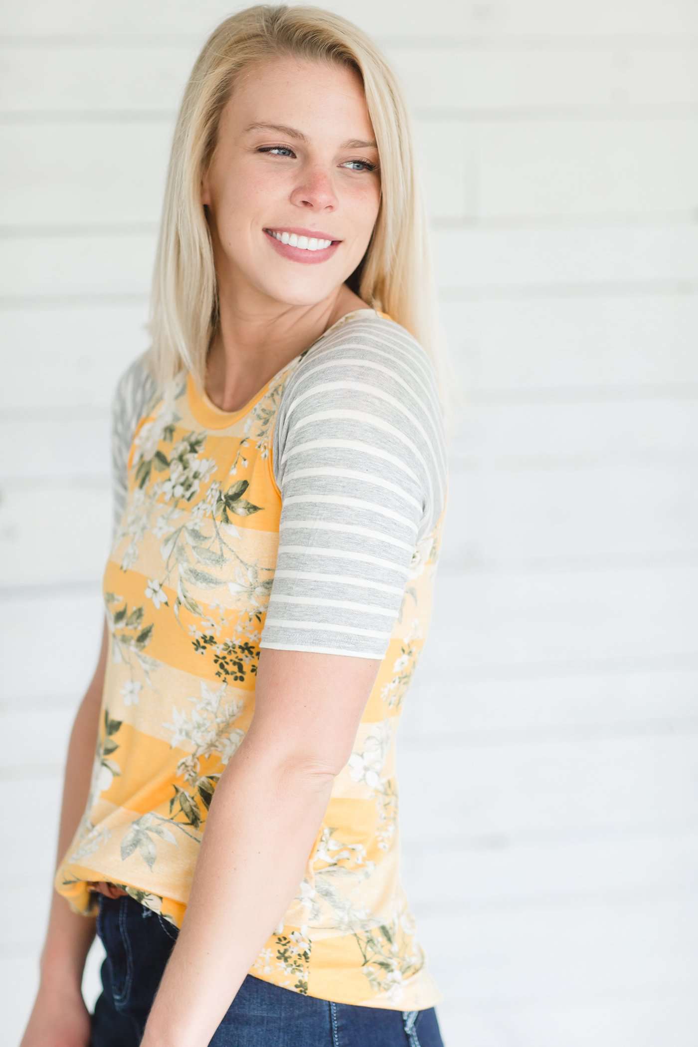 Floral Stripe Raglan Tee Tops Mustard / S
