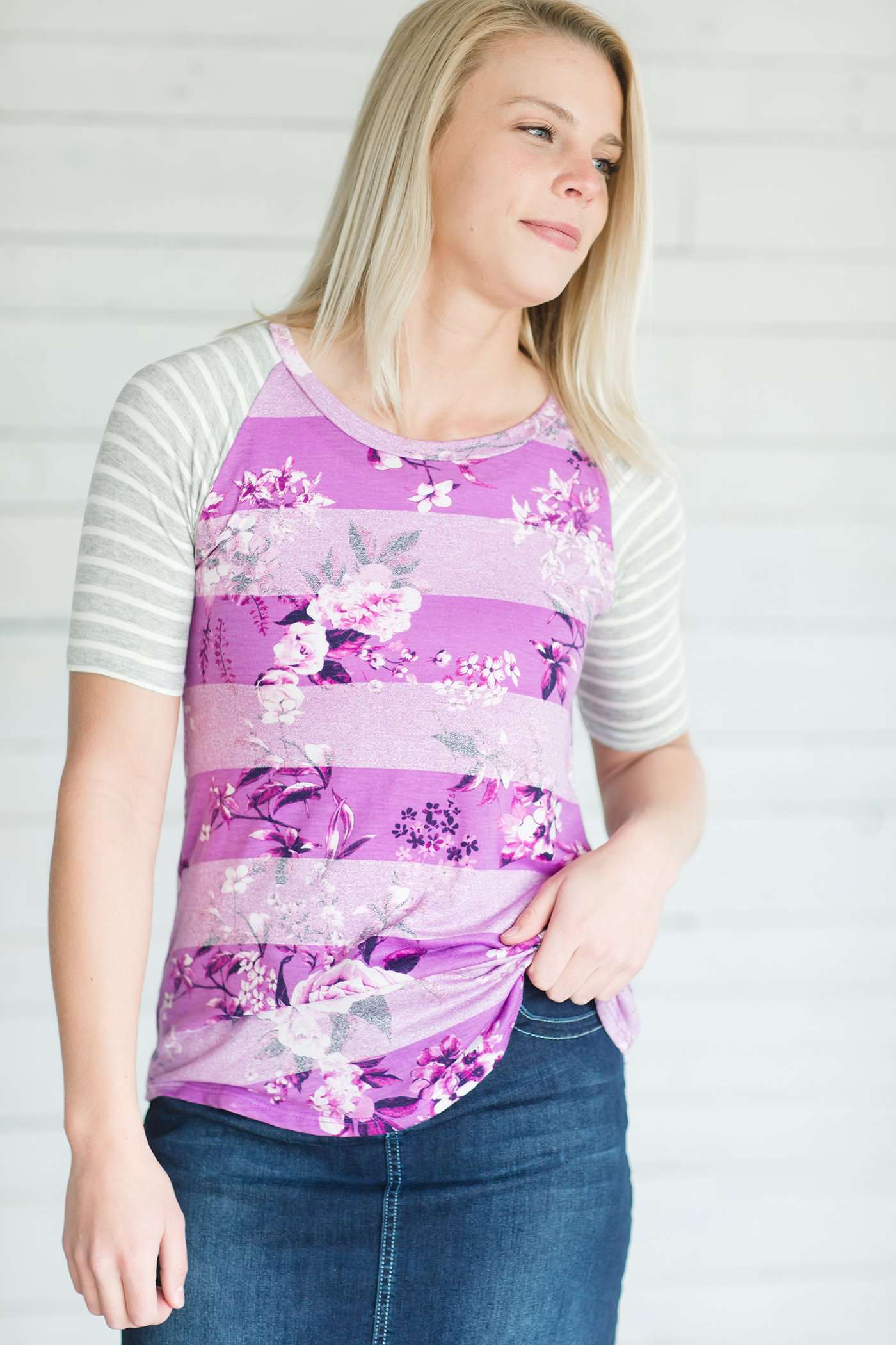 Floral Stripe Raglan Tee Tops Plum / S