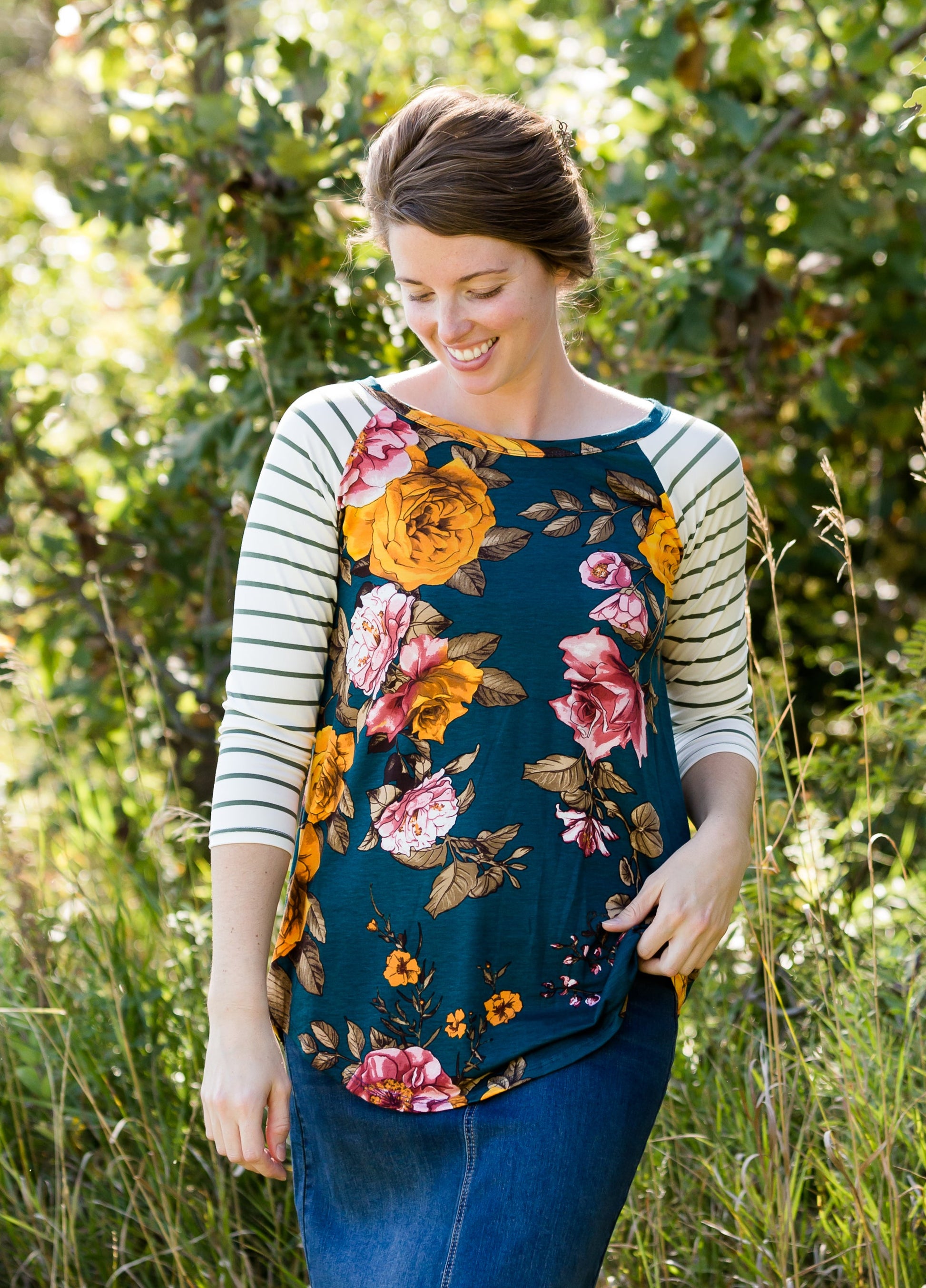 Floral Striped Contrast Top - FINAL SALE Tops