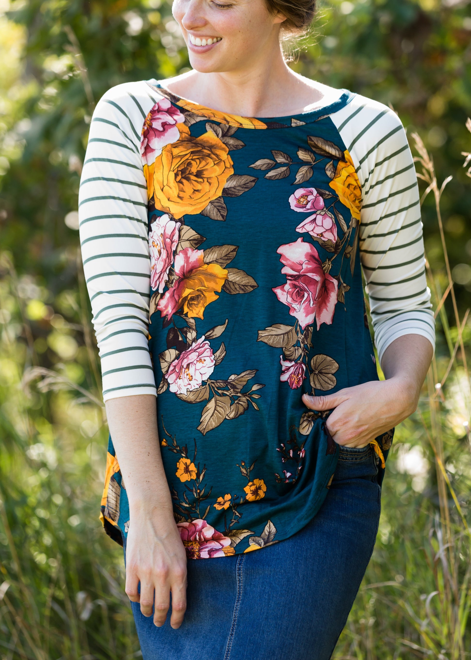 Floral Striped Contrast Top - FINAL SALE Tops