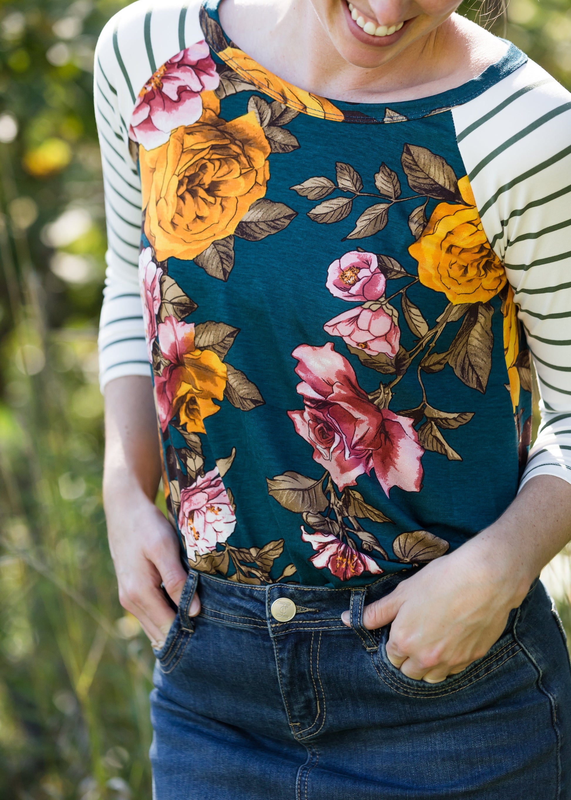 Floral Striped Contrast Top - FINAL SALE Tops