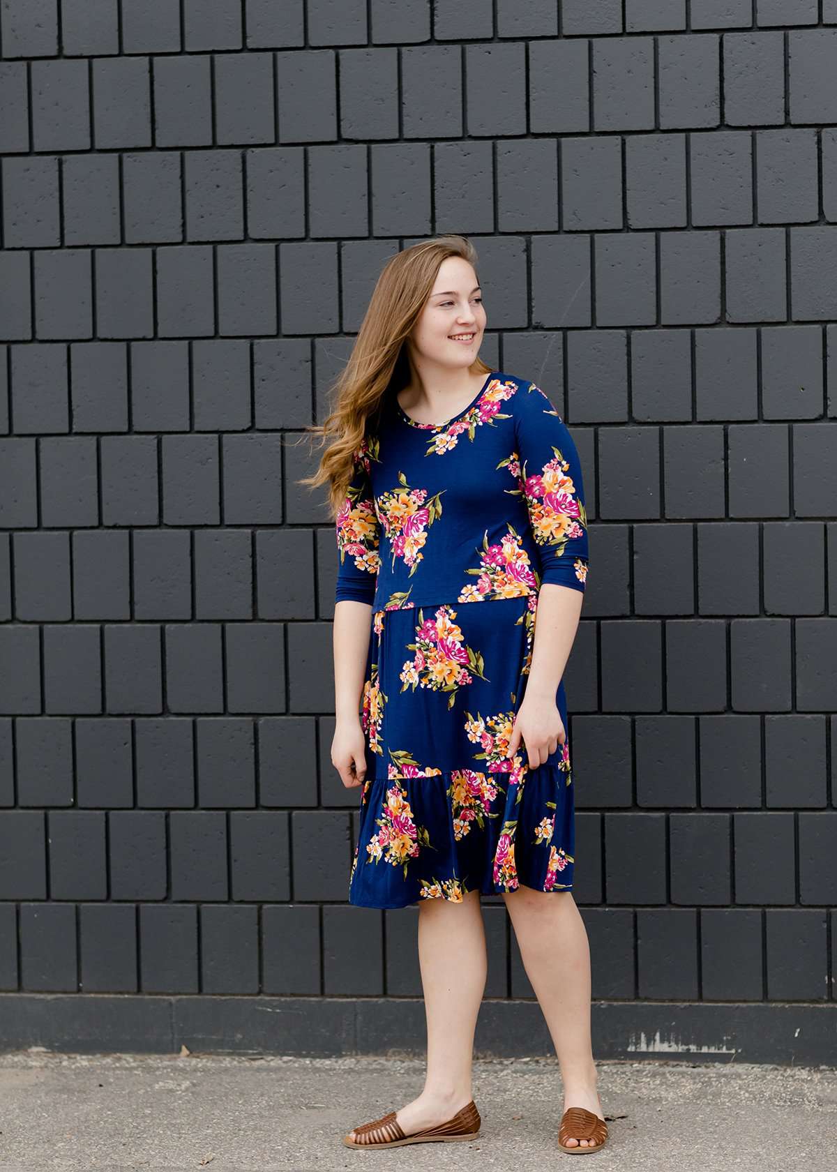Navy and floral modest nursing friendly mid dress