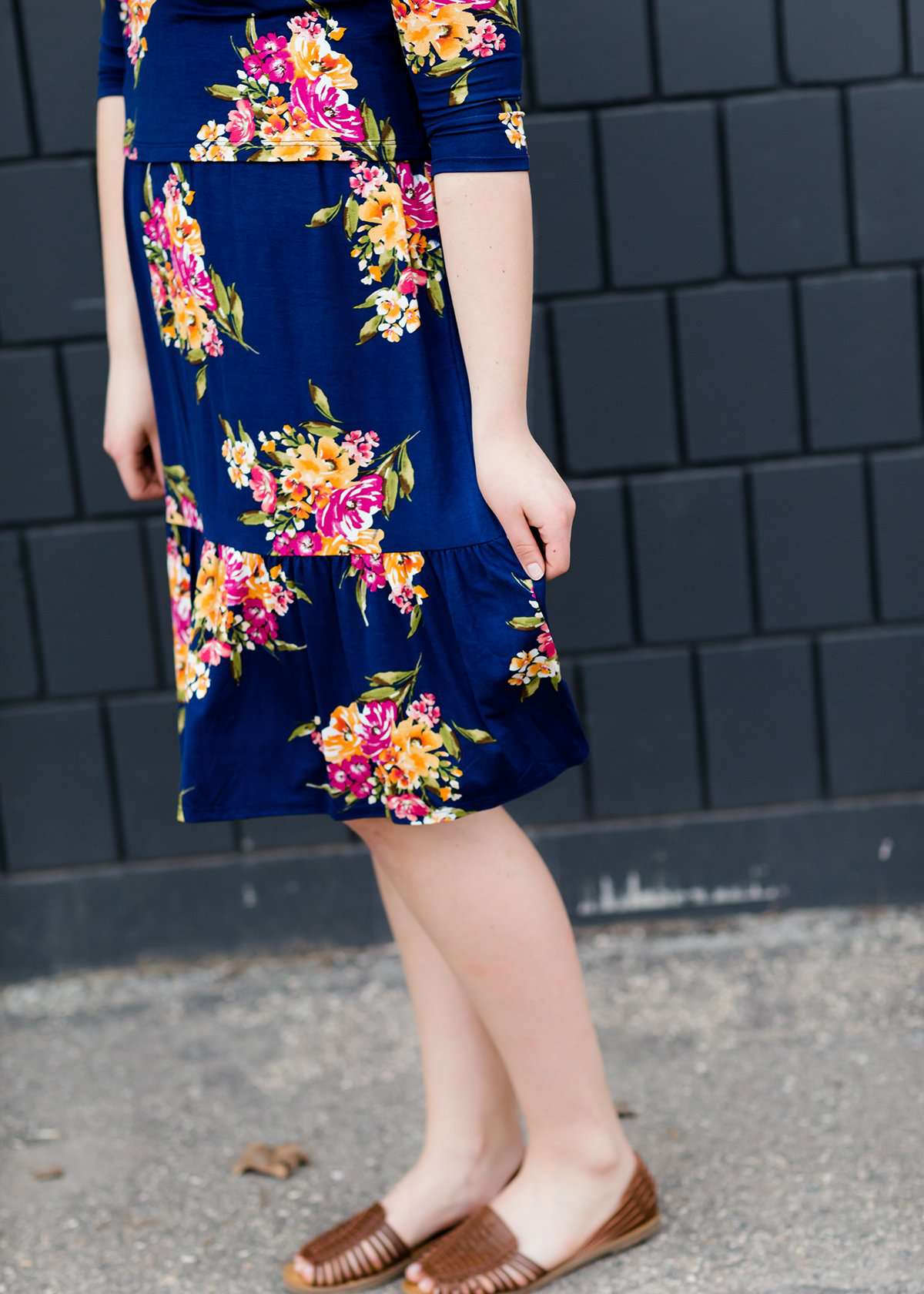 Navy and floral modest nursing friendly mid dress