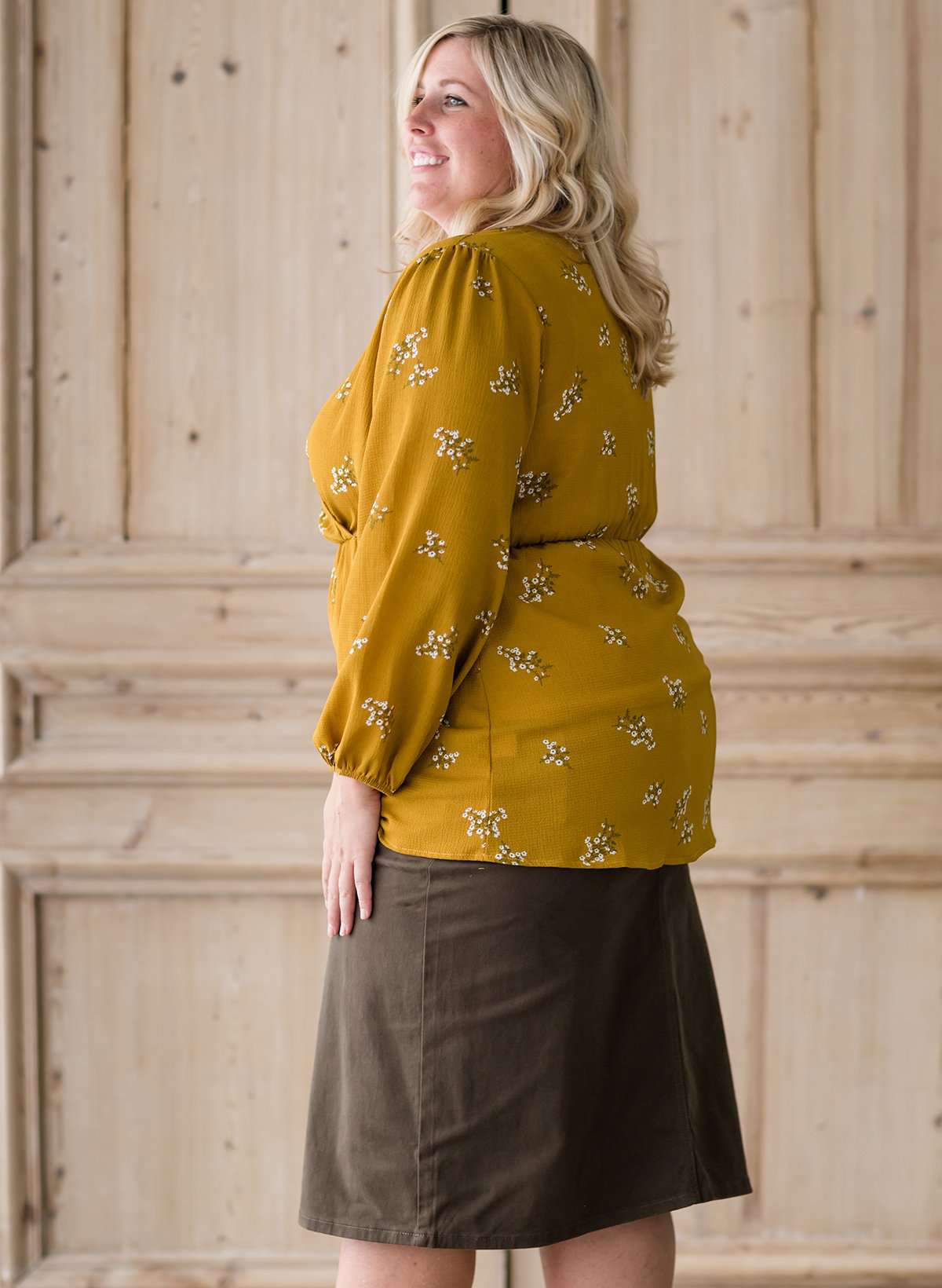 Women's modest plus size mustard floral detail blouse