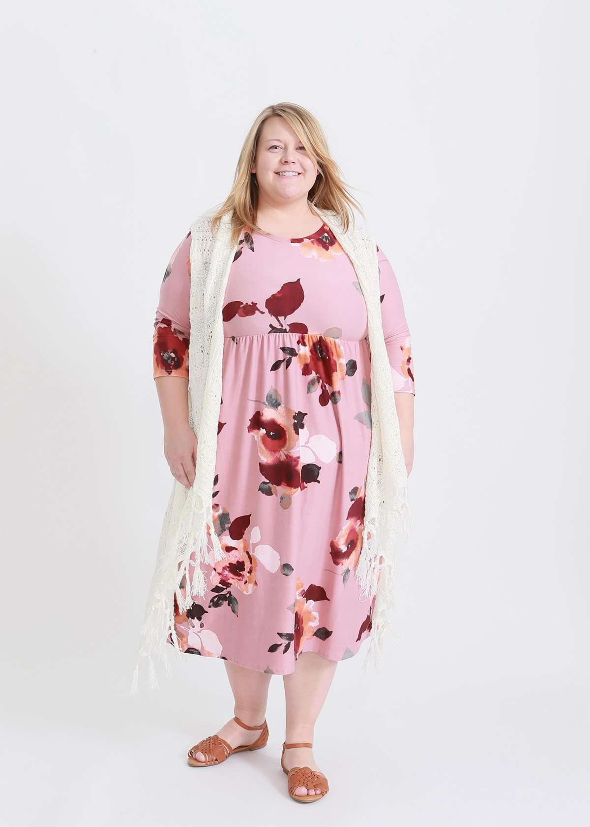 mauve plus size midi dress with beautiful floral patterns