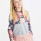 Gray and floral hooded french terry sweatshirt