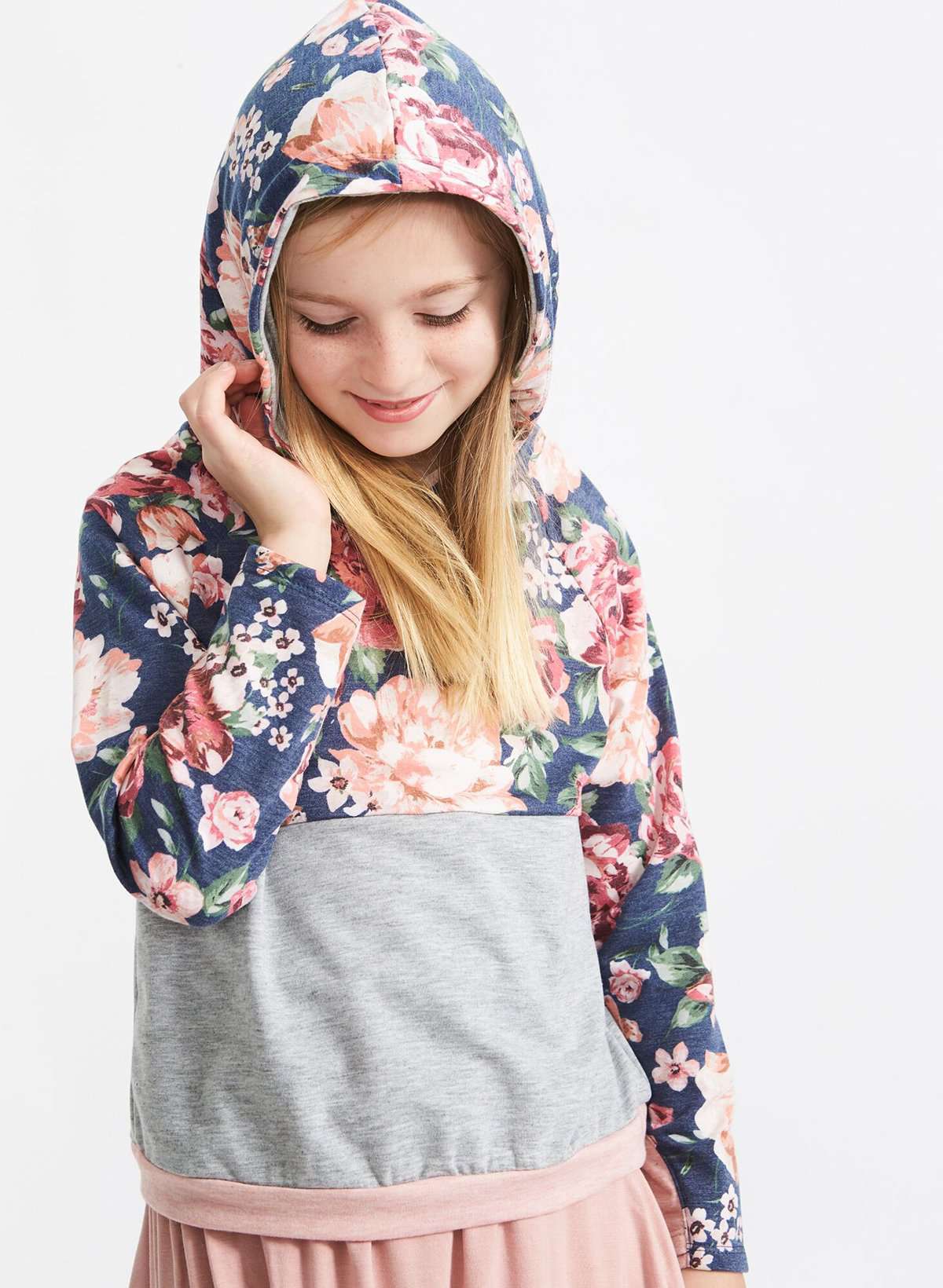 Gray and floral hooded french terry sweatshirt