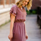 rose colored women's flutter sleeve midi dress