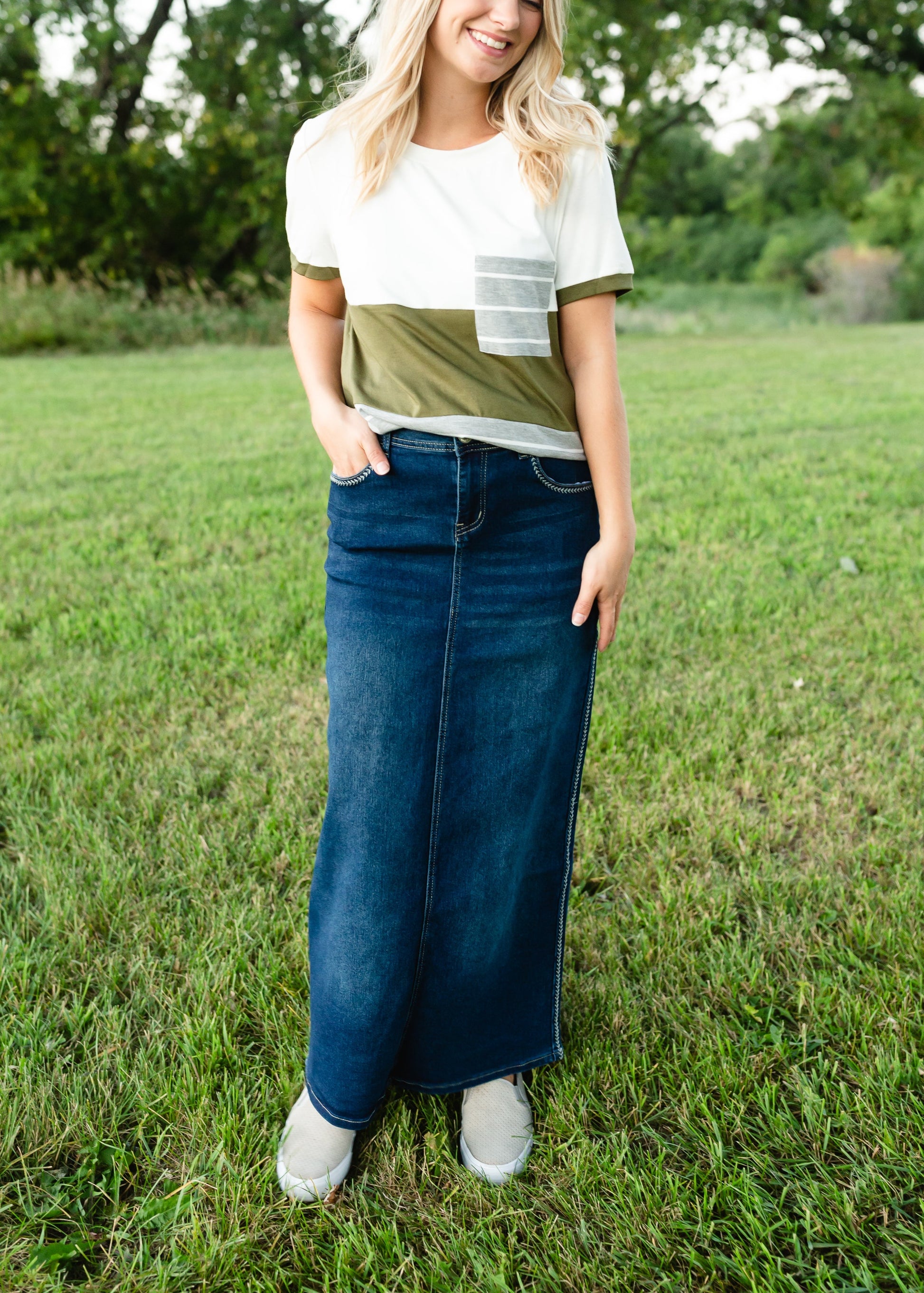 Fly Stitch Detail Long Denim Skirt Skirts