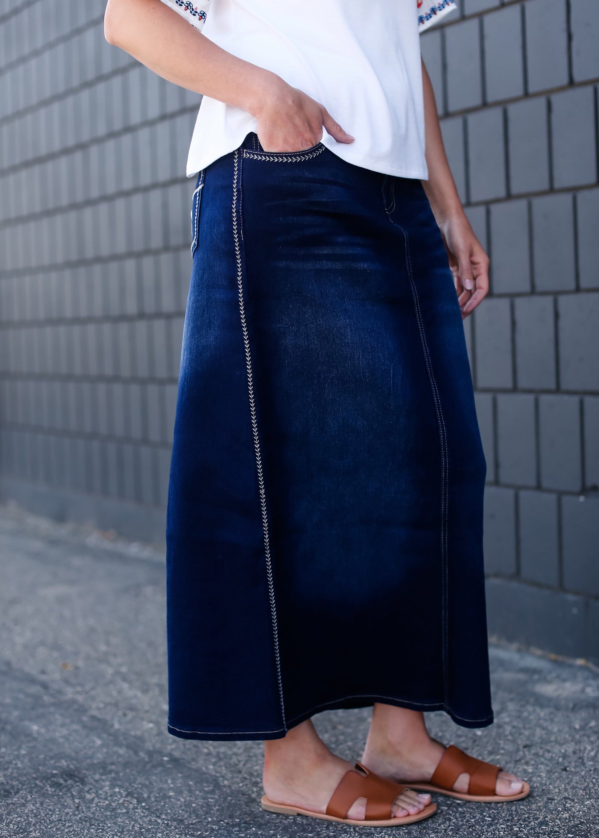 Long a-line womens skirt with fly stitching detail