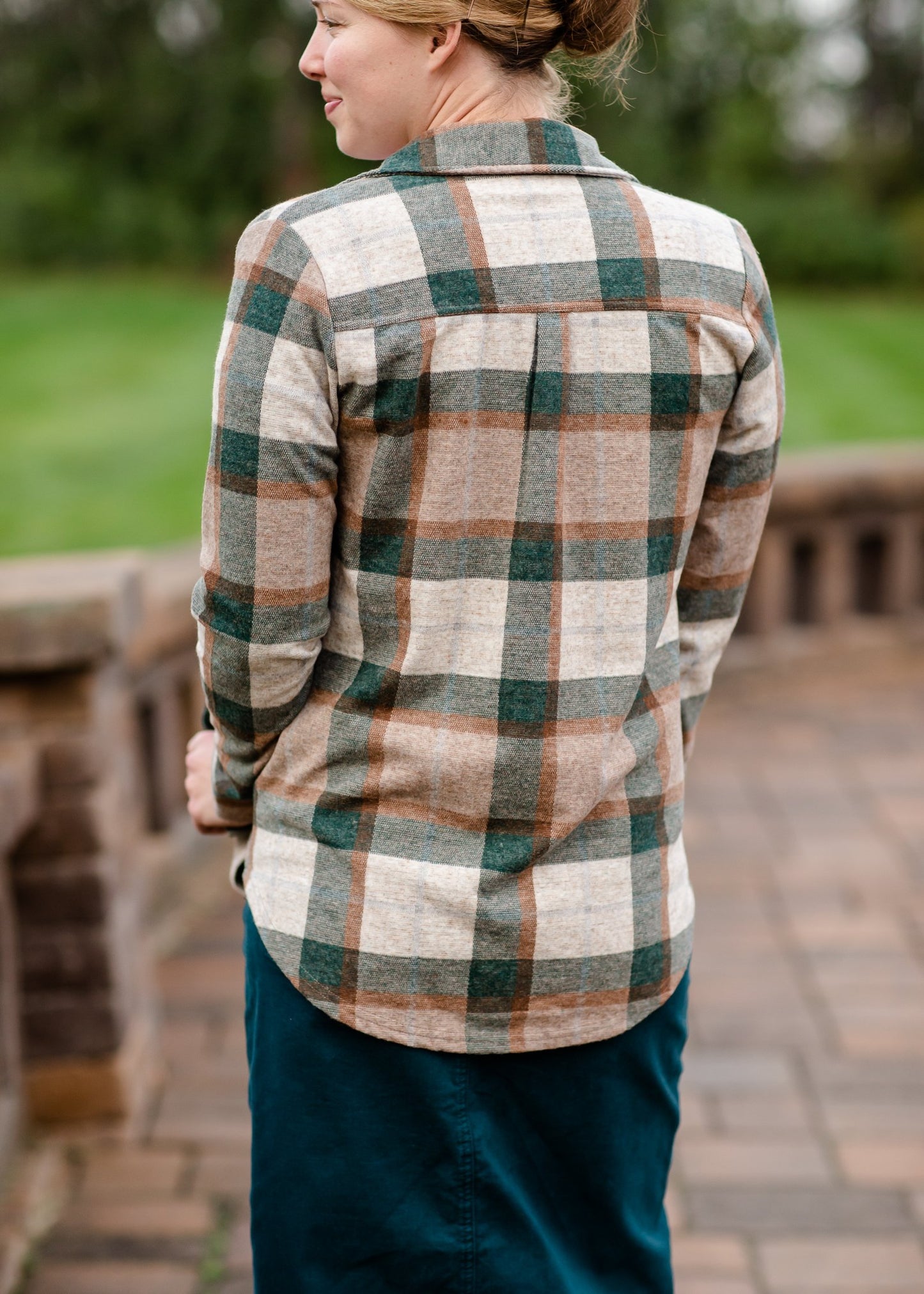 Forest Green Button Front Plaid Flannel Tops Thread & Supply