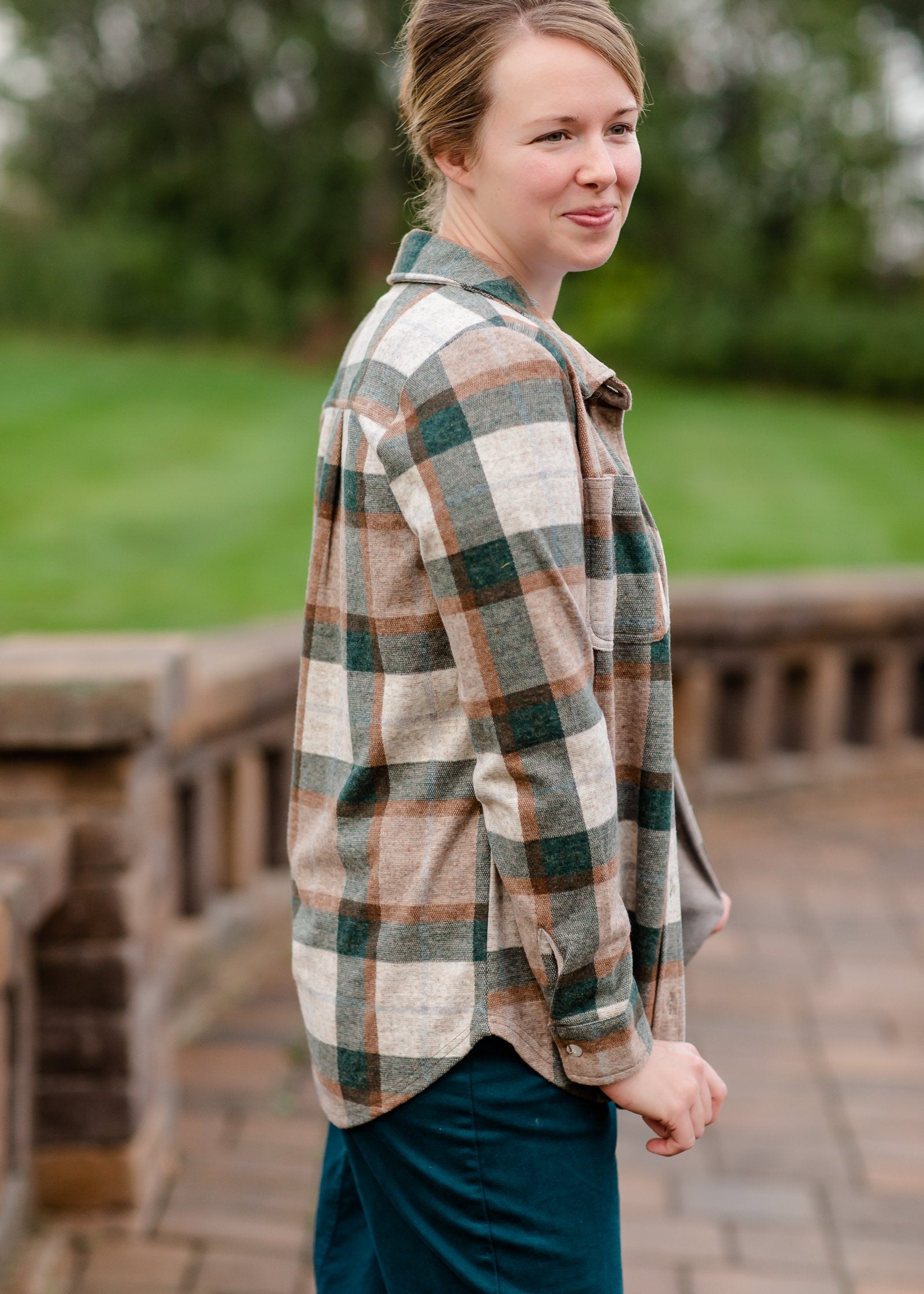 Forest Green Button Front Plaid Flannel Tops Thread & Supply