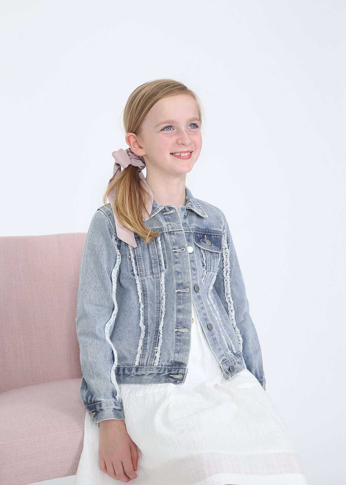 girls modest frayed denim jean jacket