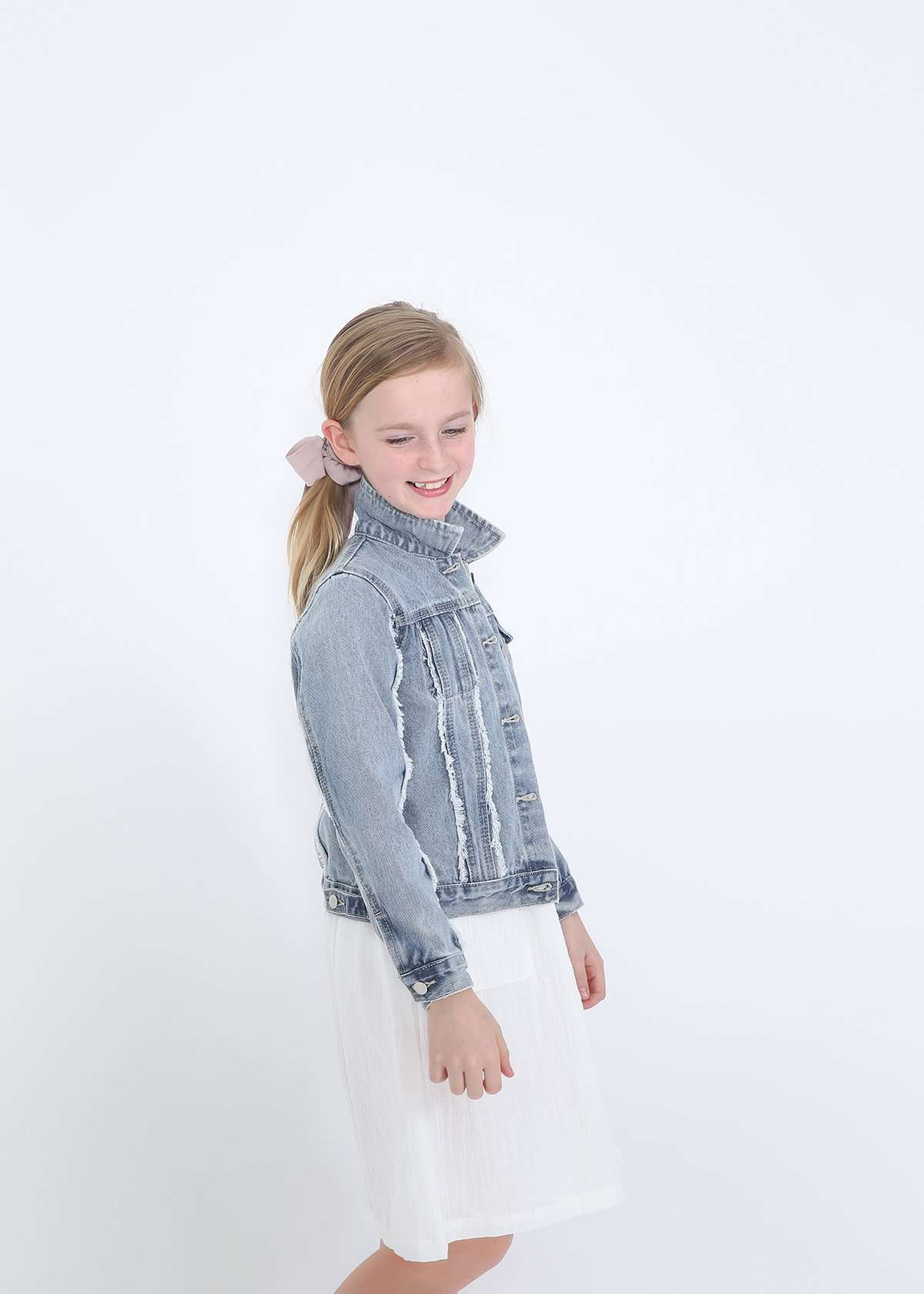 girls modest frayed denim jean jacket