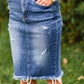 Frayed Hem Dark Denim Midi Skirt Skirts