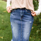Frayed Hem Dark Denim Midi Skirt Skirts