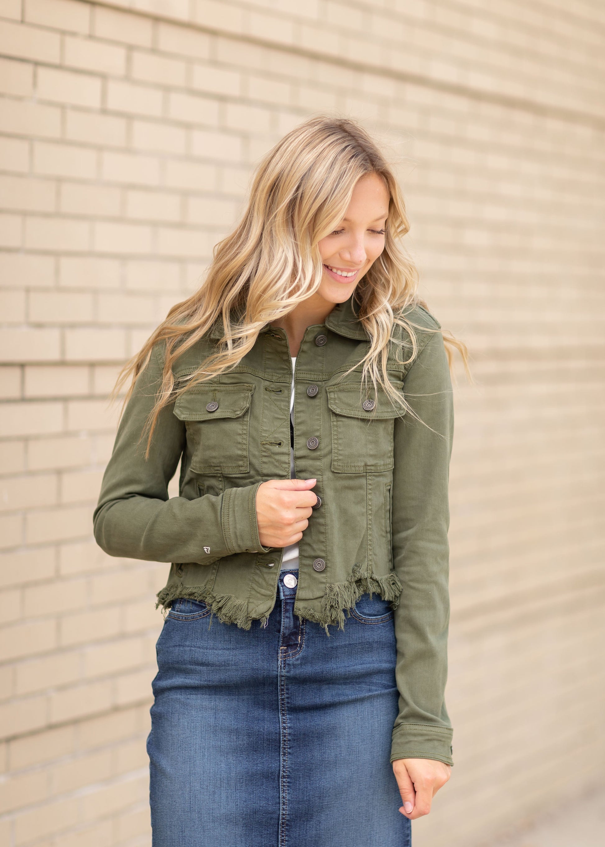 Frayed Hem Olive Button Up Jean Jacket Tops